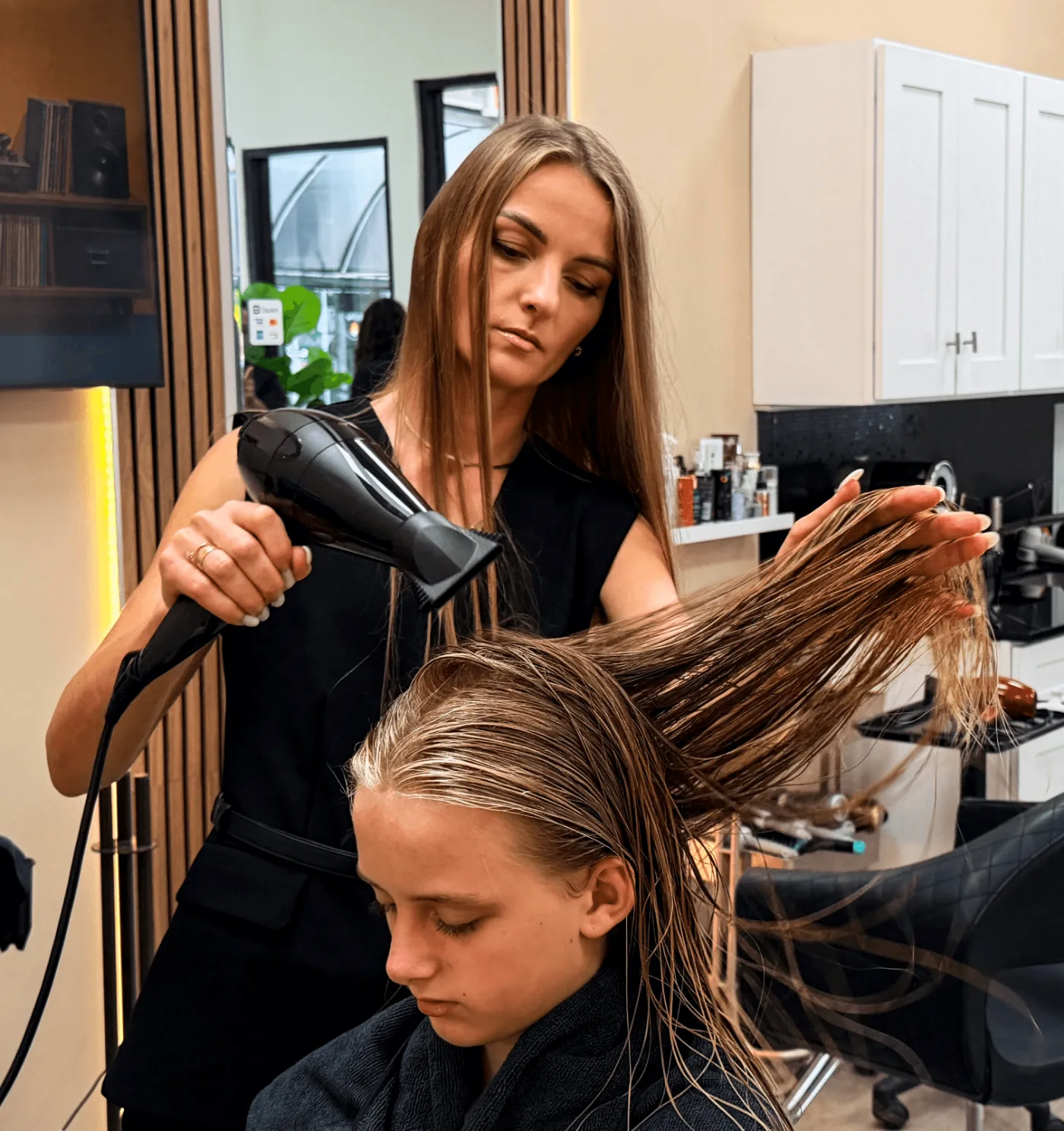 Blow dry in progress
